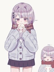 1girl absurdres alternate_costume steamed_bun blunt_bangs bob_cut cardigan closed_eyes cowboy_shot eating food food_wrapper grey_cardigan grey_hair hair_intakes hair_ornament half-closed_eyes highres holding holding_food light_blush multicolored_hair multiple_views parted_bangs pink_eyes plaid_clothes plaid_scarf pleated_skirt purple_skirt red_scarf scarf shimoyake_(lethal_penguin) shirt simple_background skirt steam streaked_hair tearing_up thick_eyebrows tongue tongue_out tosaki_mimi virtual_youtuber vspo! white_background white_shirt x_hair_ornament