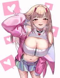 1girl absurdres black_collar blonde_hair blue_skirt breasts chain_belt cleavage cleavage_cutout clothing_cutout collar eredhen fishnet_pantyhose fishnets goddess_of_victory:_nikke heart highres jacket large_breasts long_hair looking_at_viewer navel open_mouth pantyhose pink_jacket shirt skirt smile solo spoken_heart tongue tongue_out viper_(nikke) white_shirt