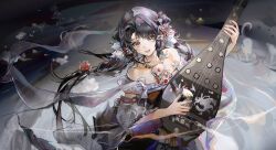 1girl asymmetrical_bangs bare_shoulders black_hair cat character_request collarbone detached_sleeves dress from_above grey_eyes highres holding_lute instrument long_hair looking_at_viewer looking_up low_twintails lute_(instrument) music open_mouth pipa_(instrument) playing_instrument purple_dress sia_di_gou silver_necklace smile solo strapless strapless_dress twintails upper_body wide_sleeves wuhua_mixin