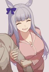 1girl ^_^ absurdres animal_ears blunt_bangs bow breasts buttons closed_eyes ear_bow ear_ribbon gold_ship_(umamusume) grey_background grey_hair highres holding_another&#039;s_arm horse_ears horse_girl kisaragi_shokuin large_breasts long_hair lower_teeth_only open_mouth purple_bow smile teeth umamusume