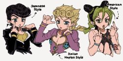 1girl 2boys aqua_eyes bare_shoulders black_hair black_tank_top blonde_hair braid breasts bug clothing_cutout diamond_wa_kudakenai double_bun earrings fu_r_y gakuran giorno_giovanna green_eyes green_hair hair_bun higashikata_josuke highres insect jewelry jojo_no_kimyou_na_bouken kuujou_jolyne ladybug ladybug_ornament long_hair middle_finger multicolored_hair multiple_boys open_mouth pompadour school_uniform short_hair small_breasts stone_ocean stud_earrings tank_top two-tone_hair vento_aureo victory_rolls white_background