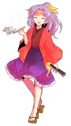 1girl alphes_(style) crying crying_with_eyes_open dairi folded_fan folding_fan full_body geta hand_fan holding holding_fan holding_smoking_pipe japanese_clothes kimono kiseru komakusa_sannyo large_variant_set long_hair looking_at_viewer open_mouth parody purple_hair purple_skirt skirt smoking_pipe solo standing style_parody tachi-e teardrop tears touhou transparent_background variant_set
