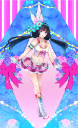 Rule 34 | black hair, blue eyes, blush, boots, breasts, choker, cleavage, feather hair ornament, gloves, hair ornament, hairband, heart, high heel boots, high heels, idol, idol clothes, ii naotora, lace-up boots, large breasts, legs, long hair, miniskirt, mole, mole on breast, navel, official alternate costume, open mouth, pink skirt, sengoku musou, skirt, thighs, twintails, vest, white gloves