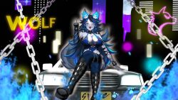 1girl akimoto8 animal_ears black_boots black_collar black_gloves black_hair blue_eyes blue_hair blue_thighhighs boots bracelet breasts car chain cityscape collar colored_skin colored_tips commission fangs fiery_ears fingerless_gloves gloves grey_skin indie_virtual_youtuber jewelry knee_boots large_breasts middle_finger motor_vehicle multicolored_hair neon_lights on_car paw_print scar scar_across_eye scar_on_face sitting skeb_commission solo spiked_bracelet spiked_collar spikes spite_(vtuber) spite_(vtuber)_(1st_costume) tail thighhighs tongue tongue_out torn_clothes virtual_youtuber wolf_ears wolf_girl wolf_tail