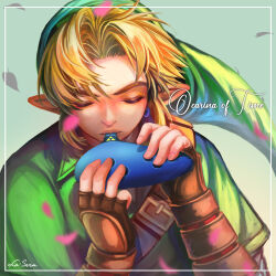 1boy belt blonde_hair brown_belt brown_gloves closed_eyes fingerless_gloves gloves green_hat green_shirt hat instrument la-sera leather leather_gloves link male_focus music nintendo ocarina playing_instrument pointy_ears shirt shoulder_belt solo the_legend_of_zelda the_legend_of_zelda:_ocarina_of_time triforce wind