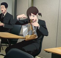 1boy 1girl artist_name bag black_necktie black_suit brown_hair chainsaw_man chair commentary desk eating food formal_clothes furrowed_brow hair_ornament hairclip higashiyama_kobeni highres hirokazu_arai_(chainsaw_man) indoors inkspirate long_sleeves necktie noodles plastic_bag short_hair sitting suit sweat twitter_username twitter_x_logo wide-eyed