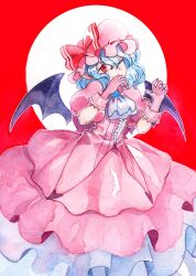 1girl bat_wings blue_hair brooch dress full_moon hand_up hat highres jewelry layered_dress looking_at_viewer mob_cap moon pink_dress pink_hat pointy_ears rabbitfolly red_background red_eyes remilia_scarlet short_hair smile solo touhou wings