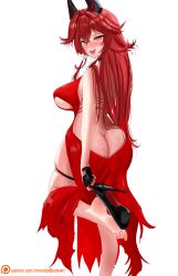1girl ass barefoot blush breasts butt_crack dress feet goddess_of_victory:_nikke highres immortalboobs large_breasts long_hair looking_at_viewer open_mouth red_dress red_hair red_hood_(nikke) red_hood_(nonsense_red)_(nikke) shoes single_shoe soles solo toes unworn_shoes yellow_eyes
