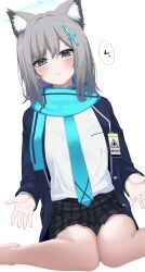 1girl absurdres animal_ear_fluff animal_ears black_jacket black_skirt blue_archive blue_eyes blue_necktie blush cross_hair_ornament fox_ears fox_girl grey_hair hair_ornament halo highres jacket looking_at_viewer necktie shiroko_(blue_archive) shirt sitting skirt solo takamiya_nao wariza white_background white_shirt