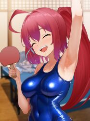 Rule 34 | 2girls, ahoge, armpits, blush, breasts, closed eyes, dorachan r, hair ornament, hair ribbon, happy, highres, holding, holding paddle, i-168 (kancolle), indoors, kantai collection, long hair, medium breasts, multiple girls, one-piece swimsuit, open mouth, paddle, ponytail, red hair, ribbon, scamp (kancolle), school swimsuit, school uniform, serafuku, smile, swimsuit, table tennis, table tennis net, table tennis paddle