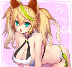 1girl :3 all_fours animal_ears aqua_eyes asamura_hiori ass bare_shoulders blonde_hair blush breasts butt_crack cat_ears cat_tail cleavage collarbone commentary_request fang female_focus gene_(pso2) green_hair hair_between_eyes halterneck highres kemonomimi_mode large_breasts long_hair multicolored_hair open_mouth phantasy_star phantasy_star_online_2 pink_background solo streaked_hair tail translation_request twintails two-tone_hair