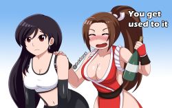 2girls alcohol annoyed black_hair blush bottle breasts brown_hair cleavage closed_mouth comforting crossover drunk earrings english_text fatal_fury final_fantasy final_fantasy_vii grin hand_on_shoulder high_ponytail highres jewelry long_hair multiple_girls ninja nintendo open_mouth patdarux pencil_skirt ponytail revealing_clothes rope sad shiranui_mai shirt skirt smash_is_for_good_boys_and_girls smile snk square_enix super_smash_bros. suspender_skirt suspenders tank_top taut_clothes taut_shirt the_king_of_fighters tifa_lockhart tomboy upset white_tank_top wine_bottle