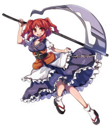 Rule 34 | 1girl, :d, black sandals, blue dress, breasts, cleavage, commentary, dress, full body, hair bobbles, hair ornament, highres, holding, holding scythe, looking at viewer, medium breasts, obi, okobo, one-hour drawing challenge, onozuka komachi, open mouth, platform sandals, red eyes, red hair, renshirenji, sandals, sash, scythe, short sleeves, simple background, smile, socks, solo, teeth, touhou, two side up, upper teeth only, white background, white socks