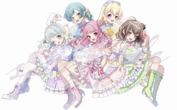 5girls bandori_shian bang_dream! blonde_hair blue_eyes boots braid brown_hair dress frilled_shirt frilled_skirt frills green_eyes hikawa_hina holding long_hair maruyama_aya multiple_girls pastel_palettes_(bang_dream!) pink_hair purple_eyes red_eyes shirasagi_chisato shirt short_hair single_braid skirt wakamiya_eve white_background white_hair yamato_maya