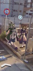 Rule 34 | 3girls, :&lt;, black skirt, blue eyes, bracelet, brown eyes, brown footwear, brown hair, cape, double v, dress, full body, google street view, green dress, green eyes, green hair, grey hair, high school girls posing for google street view (meme), highres, japanese clothes, jewelry, k2xrbqn64j29834, kariginu, leg up, long sleeves, meme, mononobe no futo, multiple girls, outdoors, pointy hair, pom pom (clothes), ponytail, ribbon-trimmed sleeves, ribbon trim, road sign, sign, skirt, socks, soga no tojiko, tongue, tongue out, touhou, toyosatomimi no miko, v, white socks, wide sleeves