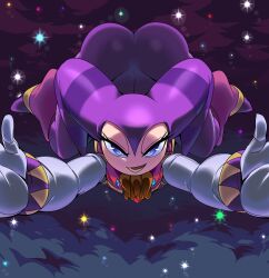 1other absurdres androgynous ass blue_eyes captain_kirb eyelashes floating hat highres jester jester_cap looking_at_viewer nights_(character) nights_into_dreams reaching reaching_towards_viewer seductive_gaze seductive_smile sega smile solo star_(sky)