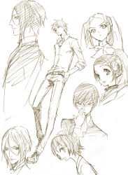 Rule 34 | 3girls, 4boys, adjusting eyewear, aoyama mio, character request, commentary request, copyright request, elysia de lute ima, frown, glasses, graphite (medium), hair between eyes, hair ornament, hairband, kami nomi zo shiru sekai, katsuragi keima, kuroshitsuji, multiple boys, multiple girls, pako (pakosun), ponytail, sebastian michaelis, sketch, skull hair ornament, takahara ayumi, traditional media, twintails