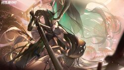 Rule 34 | 1girl, china dress, chinese clothes, closed eyes, copyright name, dress, green nails, hair ornament, hand on another&#039;s shoulder, highres, holding, holding sword, holding weapon, logo, nail polish, official art, punishing: gray raven, qu: shukra (pgr), qu (pgr), second-party source, sword, weapon, xtears kitsune