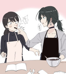 Rule 34 | 2girls, apron, bang dream!, bang dream! it&#039;s mygo!!!!!, black apron, black choker, black hair, black shirt, blue eyes, blush, book, brown hair, chocolate, chocolate making, choker, commentary request, earrings, finger in another&#039;s mouth, grey shirt, highres, jewelry, long hair, long sleeves, mixing bowl, multiple girls, nagomu 7 56, o-ring, o-ring choker, open mouth, ponytail, purple eyes, shiina taki, shirt, speech bubble, translation request, valentine, white apron, yahata umiri, yuri