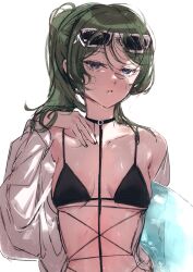 Rule 34 | 1girl, alternate costume, alternate hairstyle, bare shoulders, bikini, black bikini, black nails, blue eyes, breasts, commentary request, eyewear on head, green hair, highres, holding, holding swim ring, innertube, moku (muooku), parted bangs, parted lips, ponytail, shirt, solo, sousou no frieren, sunglasses, swim ring, swimsuit, ubel (sousou no frieren), white-framed eyewear, white shirt