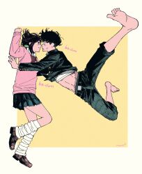 1boy 1girl absurdres ayase_momo black_choker black_hair black_jacket black_pants blue_skirt blush bow bowtie brown_eyes brown_hair brown_shoes choker closed_mouth collared_shirt commentary dandadan earrings english_commentary eye_contact from_side full_body gakuran glasses heartbeat highres jacket jewelry kabedon long_sleeves looking_at_another loose_socks machipachi1901 midriff miniskirt outside_border pants pants_rolled_up pink_sweater pleated_skirt profile red_bow red_bowtie round_eyewear school_uniform shirt shoes short_hair skirt socks sweatdrop sweater takakura_ken_(dandadan) white_shirt white_socks