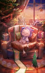 Rule 34 | ahoge, animal, animal focus, antlers, armchair, artist request, bell, bow, bowtie, castle, cat, chair, christmas, christmas tree, cloak, closed eyes, clothed animal, cloud, cup, curtains, drinking glass, drinking straw, ear covers, fake antlers, fur-trimmed cloak, fur trim, game cg, gift, gradient sky, highres, hood, hood up, hooded cloak, horns, light blush, light particles, living room, momo (nikki), neck bell, nikki (series), no humans, official alternate costume, official art, on chair, open mouth, orange sky, pawpads, pile, purple bow, purple bowtie, purple cloak, reindeer antlers, shawl, shining nikki, sitting, sky, sleeping, smile, snowflake print, snowing, solo, star (symbol), sun, sunrise, town, whiskers, white cat, white shawl, window