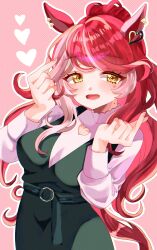 1girl animal_ears belt blush breasts casual commentary disney_o626 highres horse_ears horse_girl long_hair looking_at_viewer loves_only_you_(umamusume) medium_breasts mole mole_on_neck open_mouth red_hair simple_background solo umamusume yellow_eyes