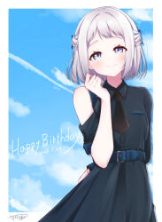 1girl absurdres artist_name blue_eyes blue_ribbon blue_sky blush braid gakuen_idolmaster grey_hair hair_ribbon hakusen_(idolmaster) half_up_braid happy_birthday highres idolmaster katsuragi_lilja looking_at_viewer ribbon ribbon_braid short_hair signature sky smile solo yasaka_(astray_l)