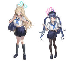 2girls four-finger_heart_hands absurdres alternate_costume antenna_hair asymmetrical_bangs bag black_footwear black_socks blonde_hair blue_archive blue_hair blue_neckerchief blue_skirt blush cropped_shirt dark_blue_hair fubuki_(blue_archive) full_body hair_intakes hair_over_one_eye halo heart heart_hands highres kanna_(blue_archive) long_hair looking_back midriff multiple_girls neckerchief one_eye_covered pleated_skirt ramuri red_eyes school_bag school_uniform serafuku simple_background skirt socks straight_hair sweatdrop twintails very_long_hair white_background