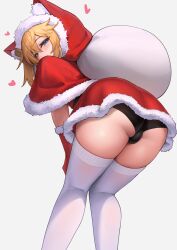 Rule 34 | 1boy, absurdres, ass, black panties, blue eyes, bridget (guilty gear), christmas, commentary request, from behind, gloves, grey background, guilty gear, guilty gear strive, hakusyokuto, heart, highres, looking at viewer, looking back, male focus, orange hair, panties, red gloves, red hood, santa costume, simple background, solo, standing, thighhighs, trap, underwear, white thighhighs