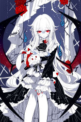 1girl artist_name ascot feet_out_of_frame flower frilled_sleeves frills highres holding holding_stuffed_toy limited_palette long_sleeves nail_polish original red_eyes red_flower red_nails red_rose rose sheya signature sitting solo spot_color stuffed_animal stuffed_rabbit stuffed_toy wide_sleeves wings