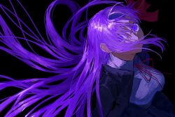 1473ex 1girl bb_(fate) bb_(fate/extra) black_background black_jacket bow bowtie breasts collared_shirt fate/extra fate/extra_ccc fate_(series) floating_hair hair_bow high_collar highres jacket large_breasts long_hair looking_at_viewer looking_back purple_eyes purple_hair red_bow red_bowtie shirt sidelocks simple_background solo upper_body very_long_hair white_shirt wide-eyed