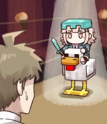 1boy 1girl a_minecraft_movie ahoge animal bird black_shirt brown_hair brown_skirt chibi chicken_(minecraft) chicken_jockey collared_shirt danganronpa_(series) danganronpa_2:_goodbye_despair duck flipped_hair helmet hinata_hajime holding holding_sword holding_weapon kmnm_1403 long_sleeves medium_hair minecraft miniskirt nanami_chiaki pink_shirt pleated_skirt riding riding_animal shirt short_hair skirt sword two-tone_shirt weapon white_shirt