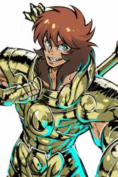 1boy armor blue_eyes brown_hair clenched_hand cowboy_shot fingerless_gloves gloves gold_armor gold_saint grin hand_on_own_chest highres libra_douko long_hair looking_at_viewer male_focus mullet saint_seiya simple_background smile solo thick_eyebrows torawar white_background