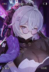 1girl adjusting_eyewear battery_indicator breasts bronya_zaychik bronya_zaychik_(heart_of_the_night) bronya_zaychik_(silverwing:_n-ex) chinese_commentary cleavage commentary_request dress grey_eyes grey_hair highres honkai_(series) honkai_impact_3rd large_breasts long_hair looking_at_viewer m78_zaitaoaotezhanshi official_alternate_costume outdoors recording round_eyewear see-through_cleavage see-through_clothes smile solo upper_body white_dress