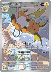 :3 animal_focus aoki_toshinao artist_name blanket bottle card_(medium) chair character_name closed_eyes company_name copyright_name copyright_notice cup electricity english_text full_body gen_1_pokemon indoors lying nintendo no_humans official_art on_back on_bed open_mouth picture_frame pikachu pillow plate pokemon pokemon_(creature) pokemon_card pokemon_focus pokemon_tcg raichu sleeping smile solo table tablecloth third-party_source trading_card