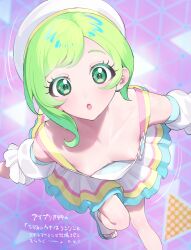 Rule 34 | 1girl, :o, blue shoes, blush, breasts, detached sleeves, dot nose, downblouse, dress, frilled sleeves, frills, green eyes, green hair, hat, highres, himitsu no aipri, idol, idol clothes, leaning forward, looking at viewer, medium dress, mitsuba airi, motion lines, nipples, oniku (oniku029029mm), open-toe shoes, parted lips, pretty series, shoes, short hair, short sleeves, small breasts, solo, standing, standing on one leg, star (symbol), star in eye, symbol in eye, translation request, twitter username, webp-to-png conversion, white dress, white hat, white sleeves