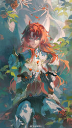 1boy absurdres ahoge argenti_(honkai:_star_rail) armor armored_gloves black_pants bolichar chinese_commentary commentary_request cuisses earrings flower green_eyes hair_between_eyes hands_up highres honkai:_star_rail honkai_(series) jewelry knight leaf long_hair looking_at_viewer male_focus outdoors pants petals red_flower red_hair red_rose red_vest rose shoulder_armor sidelocks single_earring sitting smile solo statue teeth vest wavy_hair white_armor