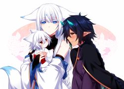 Rule 34 | 2girls, animal ears, black hair, blue eyes, character request, detached sleeves, fox ears, horns, konshin, long hair, multiple girls, orie mishiro, orie mitsugi, original, pointy ears, red eyes, short hair, white hair
