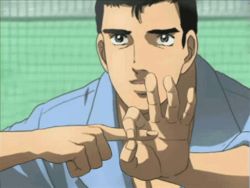 abe_takakazu animated animated_gif gesture jumpsuit kuso_miso_technique penetration_gesture phallic_symbol sexually_suggestive smile symbolism yaranaika yonic_symbol