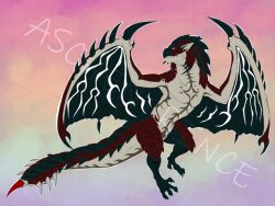 capcom claws creature dragon dreadking_rathalos fantasy flying full_body glowing_markings looking_at_viewer midair monster monster_hunter_(series) scales sharp_teeth sky solo source spread_wings tail teeth wings
