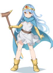 1girl blue_cloak blue_hair boots breasts circlet cloak commentary_request dragon_quest dragon_quest_iii dress elbow_gloves full_body gloves highres holding holding_staff light_smile long_hair looking_at_viewer m-eine orange_eyes sage_(dq3) simple_background small_breasts solo staff white_background white_dress