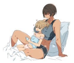 2girls age_difference arm_support between_breasts between_legs breasts heart height_difference highres kei_(m_k) large_breasts m_k multiple_girls on_bed onee-loli original panties rika_(m_k) short_hair sitting small_breasts strap_slip tall_female tomboy under_covers underwear yuri