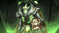 1girl 1other :o absurdres admiral_hipper_(azur_lane) ahoge armband artist_name azur_lane blonde_hair commission cross crossed_arms crossover green_eyes hair_between_eyes highres iron_cross kreuzer_00 narrowed_eyes necron open_mouth pout robot sleeves_rolled_up two_side_up visor_cap warhammer_40k
