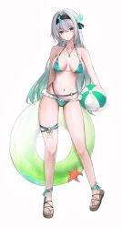 1girl :o absurdres alternate_costume aqua_bikini ball beachball bikini black_hairband black_ribbon breasts dana_(hapong07) firefly_(honkai:_star_rail) frilled_bikini frills gradient_bikini gradient_hair green_pupils grey_hair hair_between_eyes hair_intakes hair_ornament hair_ribbon hairband highres holding holding_ball holding_beachball holding_tube honkai:_star_rail honkai_(series) jewelry large_breasts long_hair multicolored_eyes multicolored_hair necklace open_mouth ribbon simple_background slippers solo starfish swimsuit thigh_strap two-tone_eyes white_background