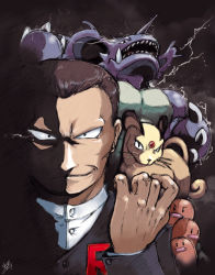 1boy bad_id bad_pixiv_id creatures_(company) dugtrio game_freak gen_1_pokemon giovanni_(pokemon) gym_leader krono_tokage kronosaurus lightning nidoking nintendo no_eyebrows persian pokemon pokemon_(creature)