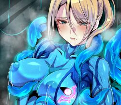 1girl blonde_hair blue_bow blue_bowtie blue_eyes blush bowtie breasts covered_erect_nipples drooling highres lactation lactation_through_clothes large_breasts metroid molestation nintendo open_mouth paid_reward_available saliva samus_aran schopdehollyhotter tentacles tongue two-tone_bodysuit upper_body zero_suit