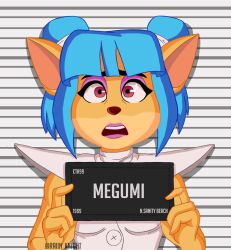 1girl artist_name barbie_mugshot_(meme) blue_hair character_name crash_bandicoot_(series) english_text furry highres looking_at_viewer medium_hair megumi_(crash_bandicoot) meme mugshot open_mouth portrait raiin_knight red_eyes solo teeth upper_teeth_only watermark