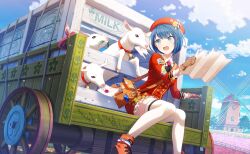 1girl ascot bag beret black_ascot blue_eyes blue_hair blue_sky blush brown_bag brown_gloves brown_shoes cloud collared_shirt colorful_palette envelope feet_out_of_frame game_cg gloves goat happy_lovely_everyday!_(project_sekai) hat highres jacket kiritani_haruka looking_at_viewer map medium_hair official_alternate_costume official_art open_mouth project_sekai red_hat red_jacket shirt shoes shoulder_bag sky solo thighhighs third-party_source tongue white_shirt white_thighhighs windmill