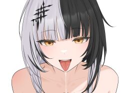 1girl black_hair close-up drooling grey_hair hololive hololive_english layunaart long_hair looking_at_viewer multicolored_hair open_mouth saliva shiori_novella simple_background solo split-color_hair tongue tongue_out two-tone_hair virtual_youtuber white_background yellow_eyes